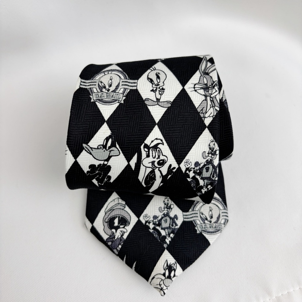 2/$20 Vintage 1997 Looney Tunes Fun Men Tie, Black & White Checkered, 56"x3.5
